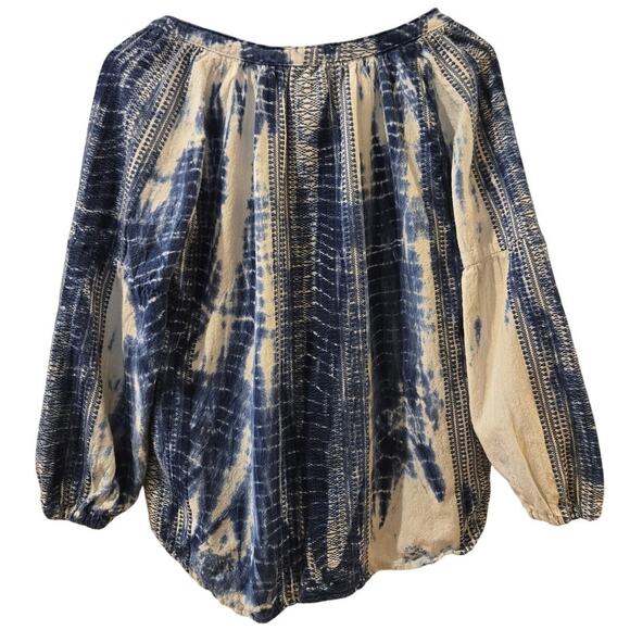Dylan Embroidery Tie Dye White Blue Indigo Boho Tunic V-Neck Cotton Top Small - Picture 3 of 8